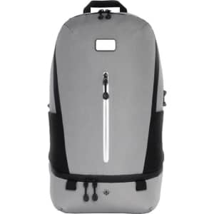 A grey and black eco-friendly backpack with a smooth texture and a front zip pocket, featuring a logo.
