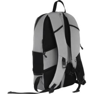 A grey and black backpack with padded straps and mesh detailing, featuring a logo.