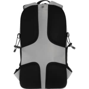 A grey and black eco-friendly backpack with mesh accents and adjustable straps. It has a logo on the front.