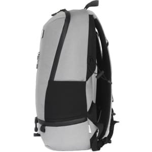 A grey and black eco-friendly backpack with adjustable straps and pockets, featuring a logo.
