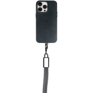 A dark green phone case attached to a black woven strap, featuring a small branding logo.