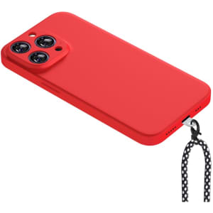 A red phone wallet with a black and white patterned strap, featuring a branding logo.