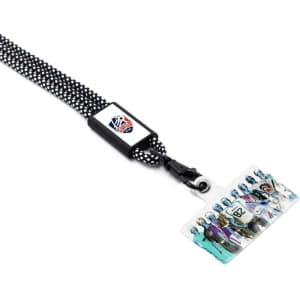 A black and white patterned phone strap with a clip and a transparent card holder featuring a colourful graphic inside.
