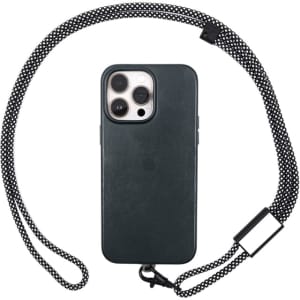 A black crossbody phone strap with a phone case attached, featuring a textured strap and a branding logo.
