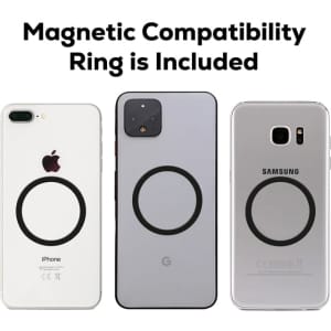 Three smartphones in varying shades, each featuring a circular magnetic compatibility ring on the back. Each phone has a logo.