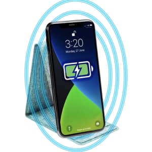 A wireless phone charger in teal, designed for charging devices, with a smartphone positioned on top.