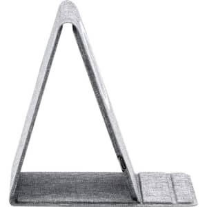 A triangular wireless charger in grey fabric, designed to hold a phone upright while charging.