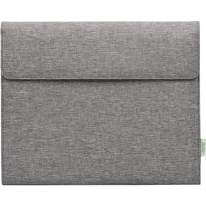 A grey business folio with a flap closure, featuring a logo and a textured fabric finish.