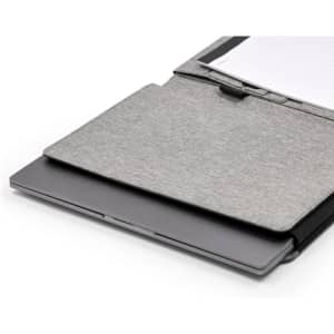 A grey business folio featuring a laptop compartment and space for documents. It has a sleek, minimalist design.