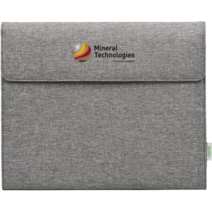 A grey business folio with a flap closure and a logo in the centre. Features a textured fabric design.