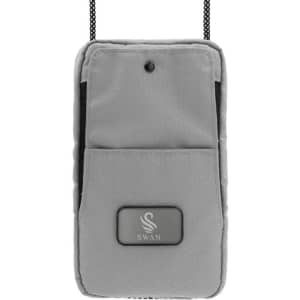 A grey eco essentials bag featuring a front pocket and a logo, designed for carrying small items.