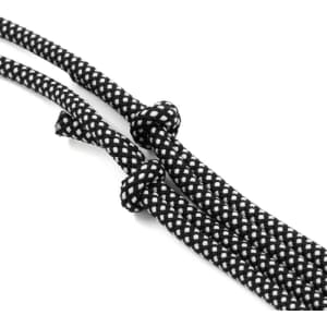 A pair of black and white patterned ropes with knots, featuring a textured design.