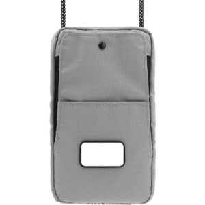 A grey eco essentials bag featuring a main compartment, additional pocket, and a strap for easy carrying.