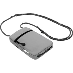 A grey bag with a black strap and a front pocket, featuring a logo on the side.
