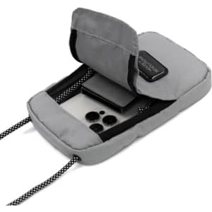 A grey eco essentials bag with a zippered closure and inner compartment, featuring a logo.