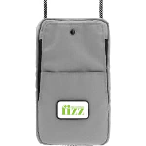 A grey eco-friendly bag with a front pocket and a logo, featuring a strap for carrying.