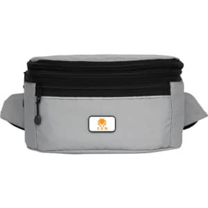 A grey bum bag with a zippered compartment, featuring a small logo on the front.