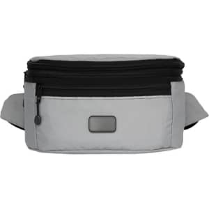 A grey bum bag with a black zipper and strap, featuring a branding logo on the front.