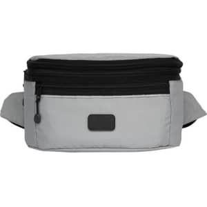 A grey and black combo eco convertible bag with multiple zippered compartments and an adjustable strap.