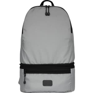 A grey bum bag with a black zipped pocket at the front and a logo on the side.