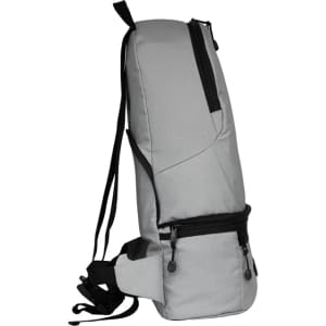 A grey eco convertible bum bag with adjustable straps and a zippered main compartment. Features a branding logo.