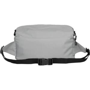 A grey bum bag with an adjustable strap and buckles. The bag features a logo on the front.