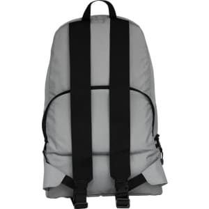 A grey convertible bag with black straps and buckles, featuring a sleek, minimalist design. It has a logo on it.