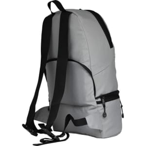 A grey eco-friendly convertible bum bag with adjustable straps and multiple zip compartments. Features branding.