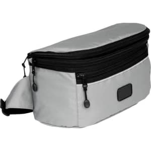 A grey bum bag with a zipped compartment and adjustable strap, featuring a logo on the front.