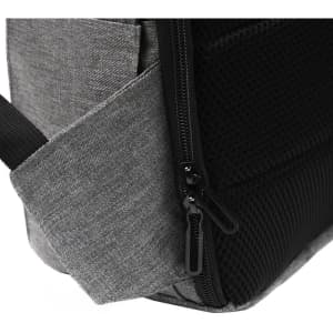 A grey and black computer backpack featuring zippered compartments and a mesh pocket. It has a logo on the side.