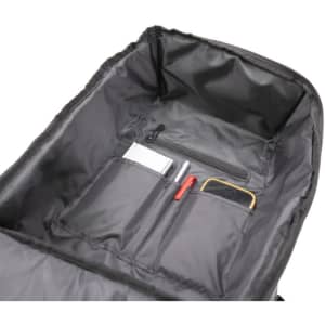 A black backpack interior featuring multiple pockets, including a zippered section and space for pens and small items.