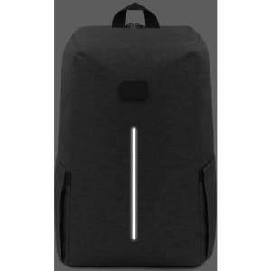 A black backpack featuring reflective detailing and side pockets. It includes a branding logo on the front.