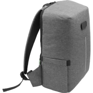 A grey computer backpack with a structured design, featuring adjustable straps and a side pocket.
