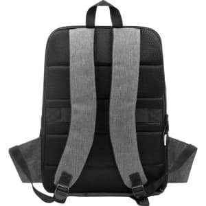 A grey and black computer backpack with padded shoulder straps and a logo on the back.