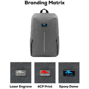 A grey backpack featuring a simple design and a logo on the front, with options for branding above it.