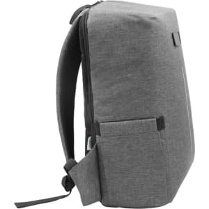 A grey computer backpack with a sleek design, featuring one side pocket and a small logo.