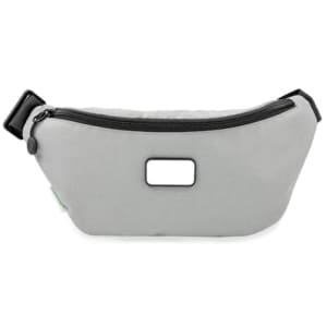A grey eco waist bag with a zip closure and a rectangular logo patch on the front.