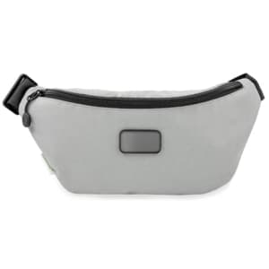 A grey eco waist bag with a zippered closure and a branding logo featured on the front.