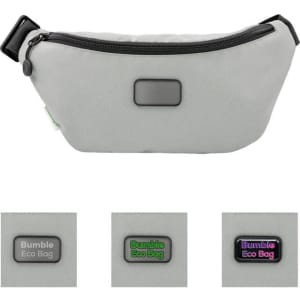 A grey waist bag with a zip closure and an attached logo. Includes options for branding in different colours.