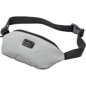 A grey eco waist bag with a black adjustable strap and a front zip pocket, featuring a logo.