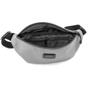 A grey waist bag with a black interior and zipper pocket, featuring a branding logo on the front.