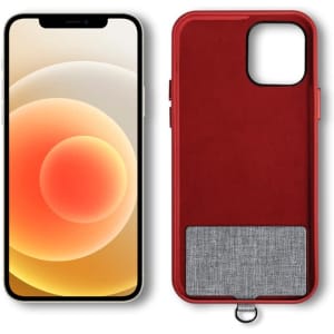 A red eco-friendly phone strap with a grey fabric wallet section, displayed alongside a smartphone.