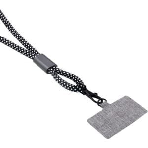 A black and white patterned wristband eco phone strap with a clip and a textured grey tag.