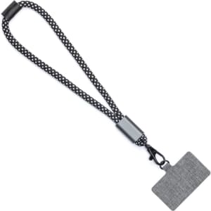 A black and grey lanyard with a textured phone strap and a clip attachment. Includes a branding logo.
