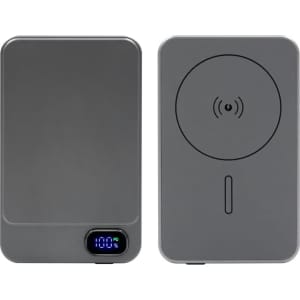 A grey Eco Magnetic Wireless Power Bank with a digital display and circular charging area, featuring a logo.