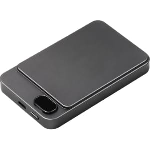 A grey magnetic wireless power bank with a sleek design and a small logo on the surface.