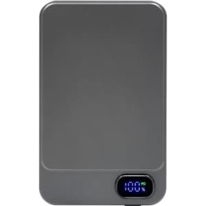 A grey power bank with a digital display indicating battery percentage, featuring a logo.
