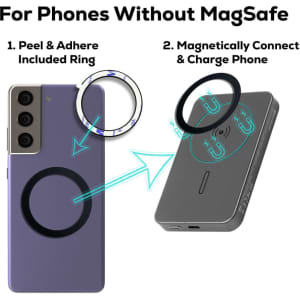 A wireless power bank in grey, with a magnetic connector, designed for charging phones without MagSafe.