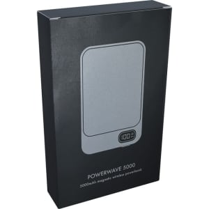 A grey power bank in a sleek black box featuring a logo and a digital display for battery level.