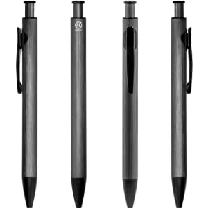 A set of four grey metal pens featuring a clip and a logo on one side.